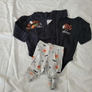 Just One You 3pc Halloween black long sleeve onesies and grey pants outfit NB